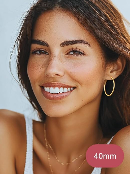 FOCALOOK 14K Gold Plated Lightweight Large Hoops| 2mm Thin Hoop Earrings for Women 30/40/50/70/100mm