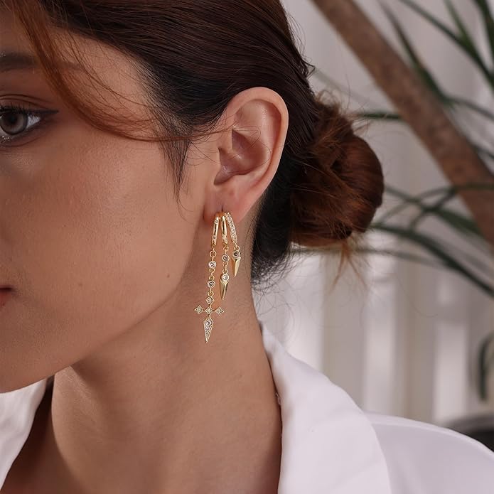Dangle Earrings for Women,14k Gold Plated Triple Huggie Stud Earrings Dainty Drop Earrings for Women Trendy Gold Statement CZ Long Chain Earrings Non Tarnish Jewelry