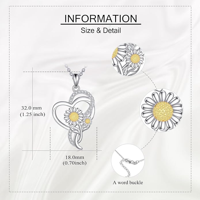 Tulip Sunflower Rose Lily of the Valley Sterling Silver Flower Heart Pendant Necklace Gifts for Women Mother Flower Lover