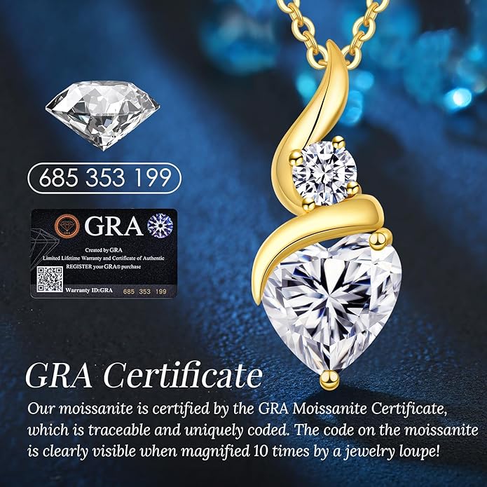 Moissanite Heart Pendant Necklaces for Women, 925 Sterling Silver Necklace with Birthstone, Ideal Anniversary Present or Birthday Christmas Valentine Mothers Day Jewelry Gifts for Mom Wife Her Girlfriend