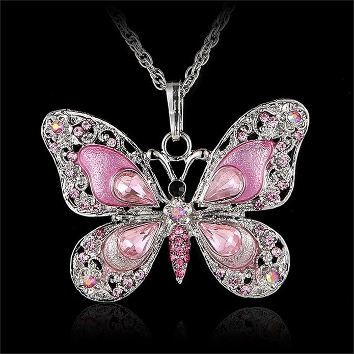 Vintage Multicolor Butterfly Necklace Bohemian Multicolor Enamel Butterfly Necklace Rhinestone Butterfly Pendant Necklace Chain Enamel Ethnic Costume Jewelry for Women