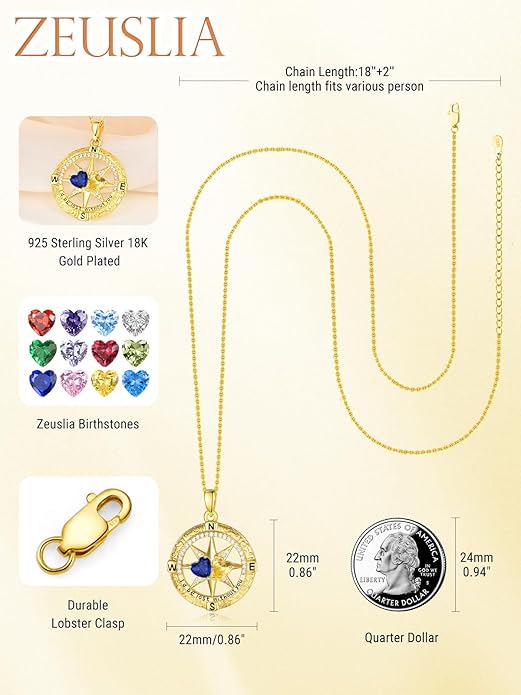 Zeuslia Double Birthstone Necklace Gifts for Wife - 925 Sterling Silver Sunflower/Rose/Crown Cross/Compass/Heart Pendant I Love You Necklace, Anniversary Birthday Gifts for Wife Girlfriend Mom Her