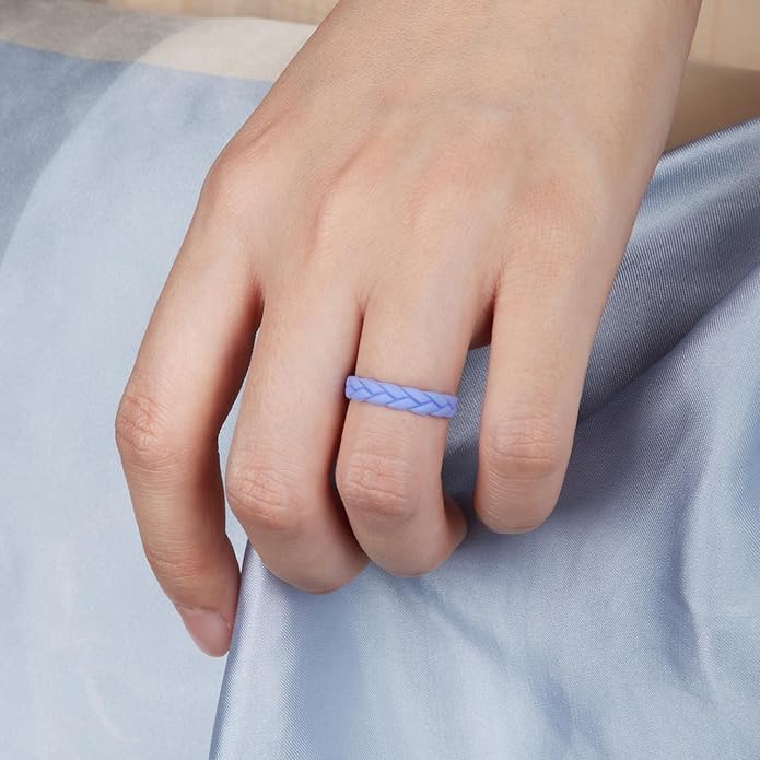Egnaro Women's Silicone Stackable Rings 3.5mm Wide 2mm Thick, Rubber Flexible Hypoallergenic Wedding Bands For Workout Leaf Braided Fashion