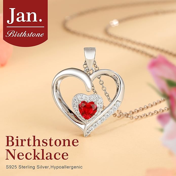 GLIVEOR Heart Birthstone Necklace for Women,S925 Sterling Silver Necklace Birthstone Necklace Heart Necklace for Women Birthday Jewelry Gifts for Women