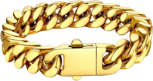 Bestyle Thick Mens Cuban Link Chain Bracelets, Durable Real 18K Gold/Black Metal Plated Solid Stainless Steel Hand Chain Cuban Bracelets for Men, Silver Black Gold Bracelets for Father Husband