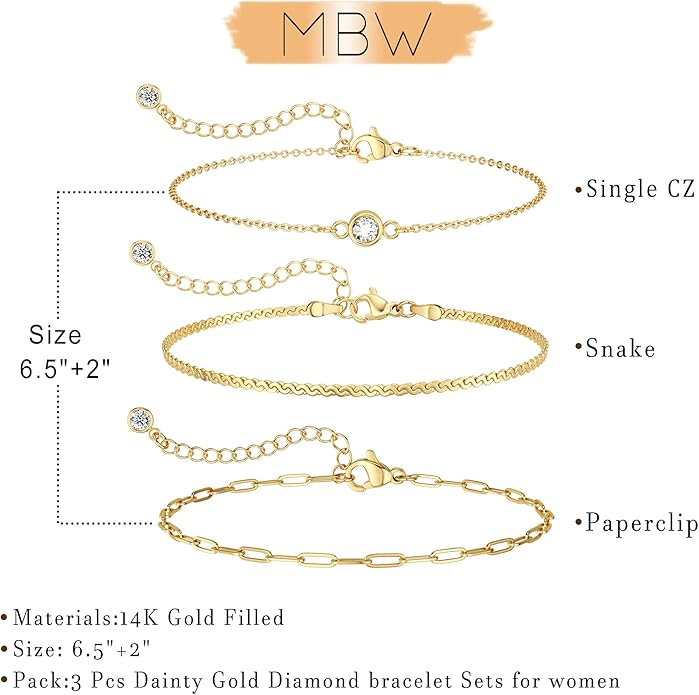 MBW Gold Bracelets for Women Trendy, Dainty 14K Gold Plated Bracelet Stack Beaded Chain Bracelet Set Thin Small Cute Paperclip Bracelets Fashion Waterproof Jewelry Gift Gold Accessories for Women