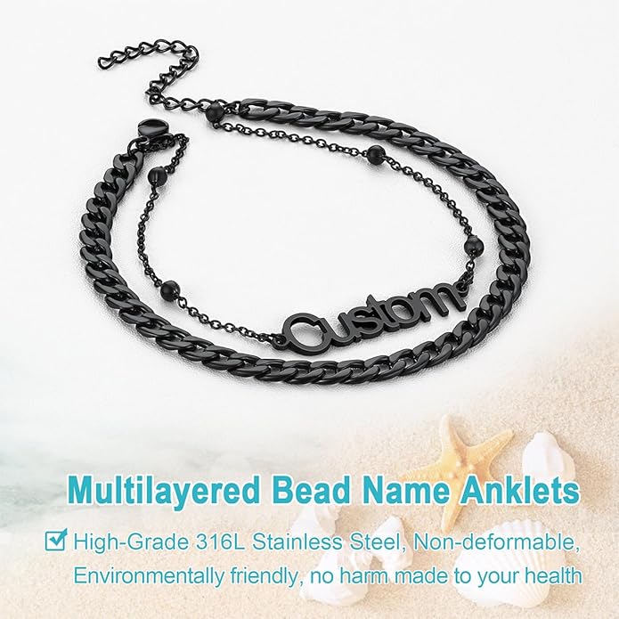 U7 Custom Layered Ankle Bracelets for Women Stainless Steel Bead/Cuban/Figaro/Rope/Wheat Chain Anklet Waterproof Anklet Jewelry for Beach Vacation
