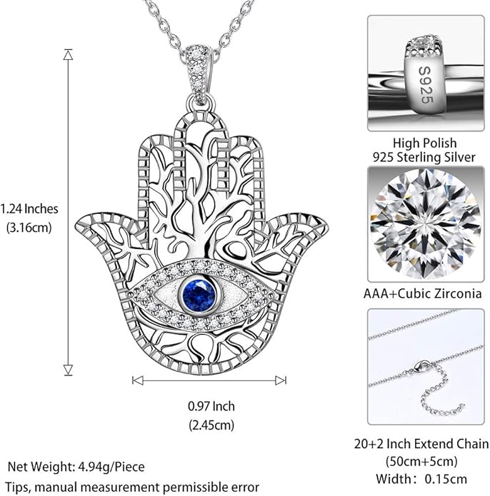 Evil Eye Necklace Evil Eye Hamsa Hand of Fatima Necklace 925 Sterling Silver Fine Jewelry Gifts for Womens White Blue CZ Third Eye Stud Earrings Turkish Eye Ring Hamsa Hand Jewelry Set Gifts Valentine Day Chrismtas Gifts