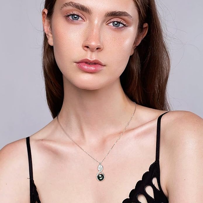 Tahitian Black Pearl Necklaces for Women, 925 Sterling Silver Pearl Pendant Necklace, Birthday Anniversary Jewelry Gifts for Wife Mom