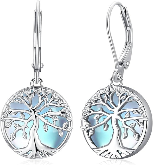 Tree of life Dangle Earrings Sterling Silver Moonstone/Turquoise/Malachite Earrings for Women Filigree Leverback Earrings Jewelry Gifts