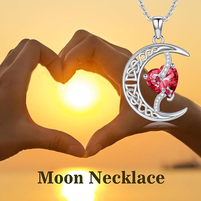 TOUPOP Moon and Star Birthstone Necklace for Women 925 Sterling Silver Celtic Moon Jewelry Birthday Christmas Gifts for Her Girlfriend