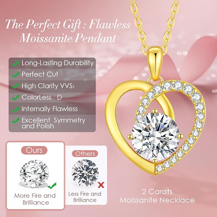 Moissanite Heart Pendant Necklaces for Women,D Color VVS1 Moissanite Jewelry,925 Sterling Silver Gold Plating,Wedding,Anniversary,Birthday,Gifts for Wife Her Mom Girlfriend