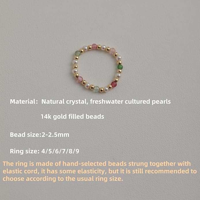 2-2.5mm 14k Gold Filled Rainbow Ring Stackable Round Natural Colored Crystal Freshwater Pearl Ring Gift for Women