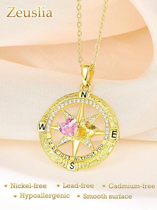 Zeuslia Double Birthstone Necklace Gifts for Wife - 925 Sterling Silver Sunflower/Rose/Crown Cross/Compass/Heart Pendant I Love You Necklace, Anniversary Birthday Gifts for Wife Girlfriend Mom Her