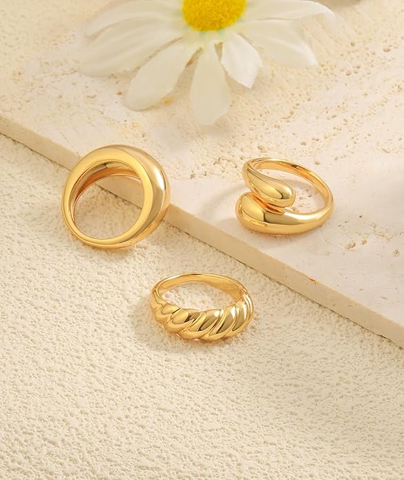 ZOERAY Chunky Gold Rings for Women Non Tarnish Trendy 14k Gold Plated Adjustable Signet Band Stackable Thumb Ring Set Open Twist Dome Statement Stacking Rings Jewelry Gifts for Women Size 5-10