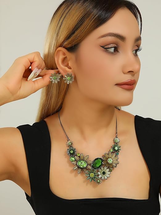 Chunky Statement Jewelry Set Vintage Retro Leaf Flower Floral Geometric Bohemian Boho Bib Necklace Earring Set Fashion Costume Jewelry for Women Girls Wedding Party Prom Unique Gift