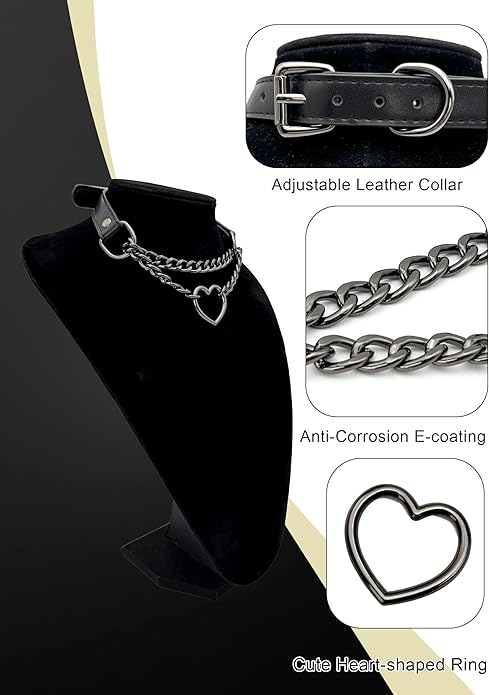 Black Leather Choker Collar For Women, Handmade Heart Slip Chain Choker Long Necklace with Adjustable Buckle