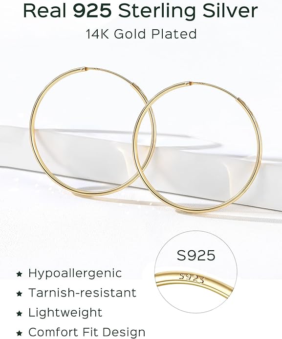 ChicSilver Hypoallergenic 925 Sterling Silver Hoop Earrings for Women, Lightweight Large Gold Plated Hoop Earrings, Endless Hoops Huggie Earrings 15/20/30/50/70MM