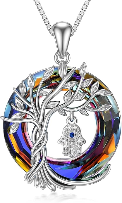 TOUPOP Evil Eye Necklace 925 Sterling Silver Tree of Life Circle Crystal Pendant Necklace Protection Jewelry Amulet Christmas Gifts for Women Her