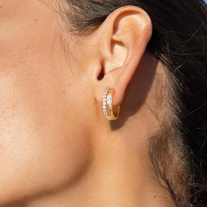 Gold Huggie Hoop Earrings 14K Gold Plated Dainty Chunky Thick Hoop Diamond Cubic Zriconia Inlay Sleeper Tiny Delicate Boho Beach Simple Hypoallergenic Jewelry Gift for Her