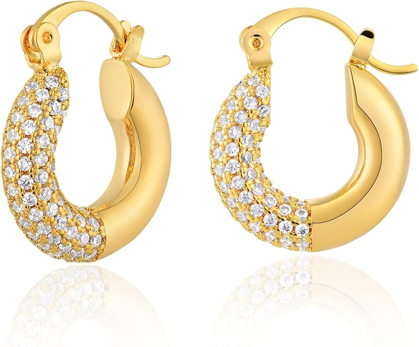 Gold Huggie Hoop Earrings 14K Gold Plated Dainty Chunky Thick Hoop Diamond Cubic Zriconia Inlay Sleeper Tiny Delicate Boho Beach Simple Hypoallergenic Jewelry Gift for Her