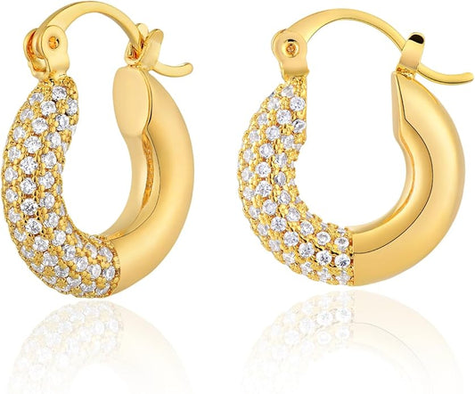 Gold Huggie Hoop Earrings 14K Gold Plated Dainty Chunky Thick Hoop Diamond Cubic Zriconia Inlay Sleeper Tiny Delicate Boho Beach Simple Hypoallergenic Jewelry Gift for Her