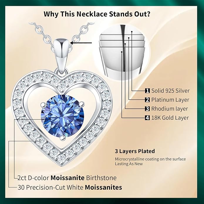 31-Stone Birthstone Heart Necklace for Women | 2ct Moissanite & 30 Sparkling Accents | Valentine's Day, Birthday,Mother's Day, Christmas Gift for Wife, Mother, Girlfriend