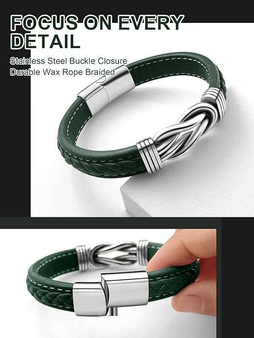 Mens Black Braided Leather Bracelet, Green/Red/Brown/Black Braided Leather Infinity Knot Bracelets for Men with Stainless Steel Clasp, 7.5/8.5/9in Length