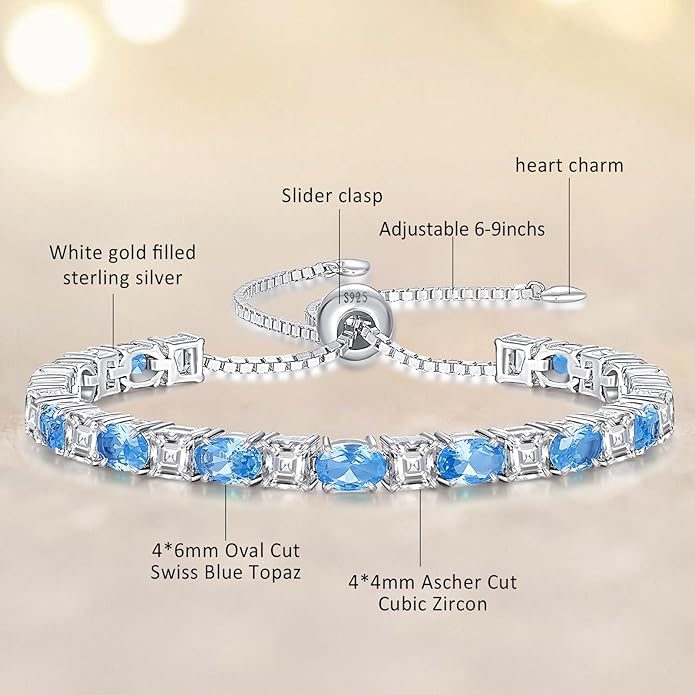 Sterling Silver Birthstone Bracelets for Women White Gold Tennis Bracelets Adjustable Chain 6-9 Inchs Jewelry Hypoallergenic Anniversary Birthday Gifts for Women Mom Wife Her