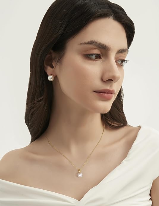 Mameloly Pearl Necklaces for Women Trendy 925 Sterling Silver Dainty V CZ Pendant 10MM/12MM Single Simulated White Pearl Choker Necklace for Women Wedding Cute Jewelry