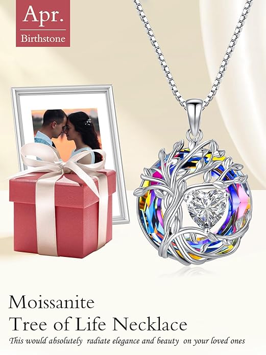 TOUPOP Christmas Gifts Tree of Life Birthstone Necklace 925 Sterling Silver Pendant Austrian Crystal Jewelry Anniversary Birthday Gifts for Women Mom Her Wife