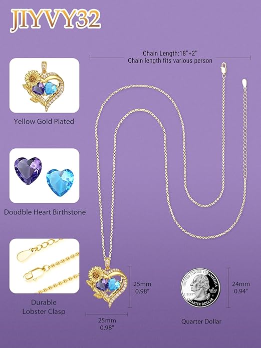 Sunflower Heart Necklace for Women 14K Gold Exquisite Anniversary Birthday Gifts for Wife Mother Her Double Birthstone Pendant jewelry‘You Are My Sunshine’