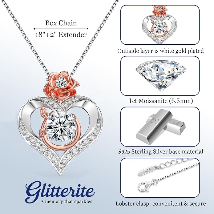 1 Carat Moissanite Necklace for Women, 925 Sterling Silver Rose Heart Pendant Necklace Moissanite Diamond Necklace, Birthday Gift Anniversary Present for Wife, Girlfriend, Daughter, Mom