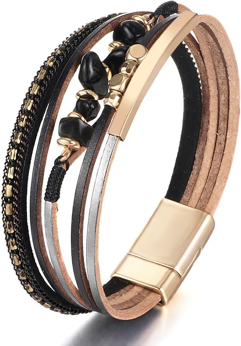 Fesciory Leather Wrap Bracelets for Women, Boho Leopard Multi-Layer Crystal Beads Cuff Bracelet Jewelry