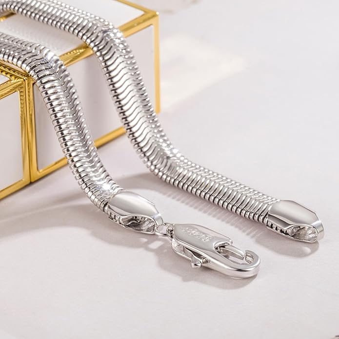 Dankadi Men 925 Sterling Silver Necklace Italian 6MM-8MM Flexible Flat Snake Chain Choker 16-30 Inch 24K Gold plated Fine Jewelry Gifts for Women