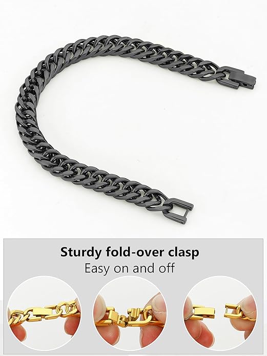8/12/17mm Wide Cuban Link Bracelet for Men Father Gift 18K Gold/Black Plated Stainless Steel Bracelets 7.4-9 Inches(Gift Wrapped)