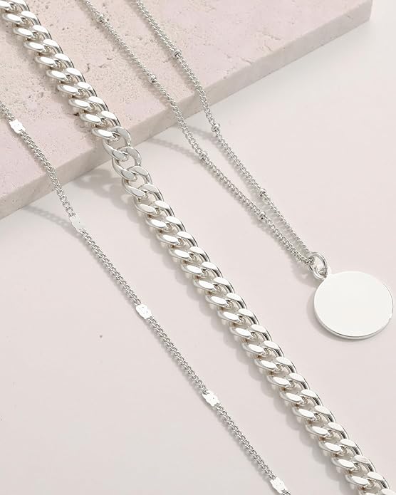 Layered Gold Silver Necklace for Women Non Tarnish,Dainty Choker Statement Chunky Necklace Stack Charm Pendant Chain Necklace Set 14K Gold Plated Long Stacked Womens Necklaces Trendy Jewelry Gift