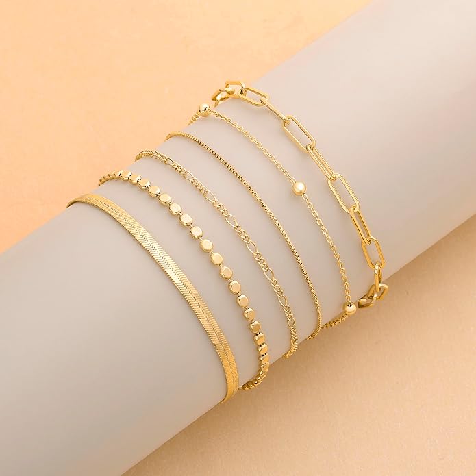 DEARMAY Waterproof Gold Plated Bracelets Set for Women Trendy, Dainty 14K Gold Jewelry Fashion Stackable Tennis Beaded Figaro Herringbone Paperclip Link Bracelet Pack Stack Gifts for Women