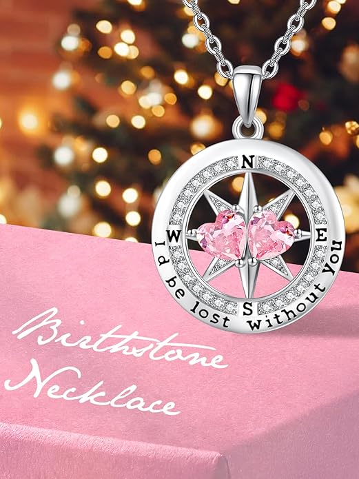 Compass Birthstones Necklace for Women, Exquisite Anniversary Birthday Gifts for Wife Her Double Birthstone Pendant jewelry ‘I'd be Lost Without You’