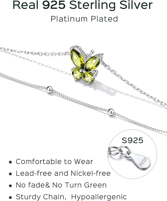 ChicSilver 925 Sterling Silver Anklets for Women Waterproof, Sparkling Birthstone Ankle Bracelets for Women, Adjustable Layered Butterfly Anklet Summer Beach Jewelry