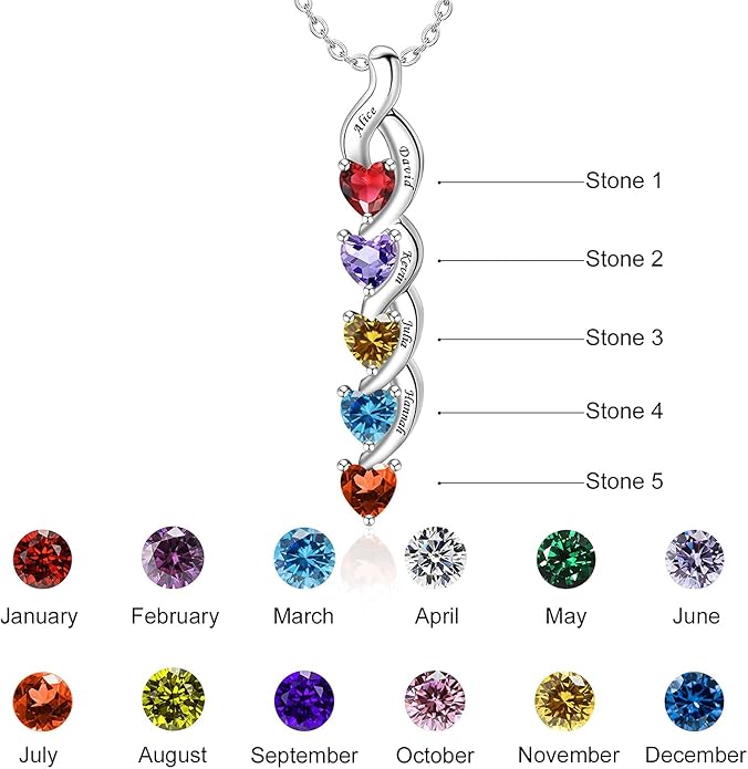 MissNaNa Sterling Silver Personalized Mothers Necklace with Simulated Birthstones Engraved 1-6 Children Names Custom Love Heart Pendant Family Necklace for Women Mother's Day Birthday