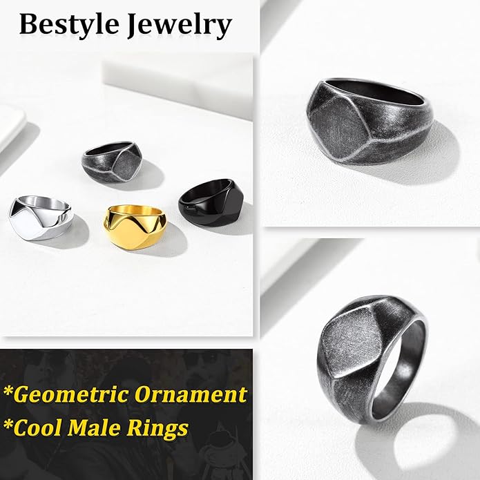 Bestyle Stainless Steel Signet Ring for Men Women in Gold/Black/Silver/Vintage Gray Tone, Chunky Thick Heavy Dome Band Ring Cool Finger Ring, Gift for Dad Husband, Size 7-14 Customizable