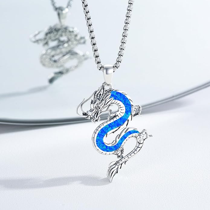 REDSUN 925 Sterling Silver Dragon Pendant Necklace Viking Dragon with Obsidian/Opal Protection Jewelry Gifts for Men Women Her Him Birthday Valentines Day Gifts