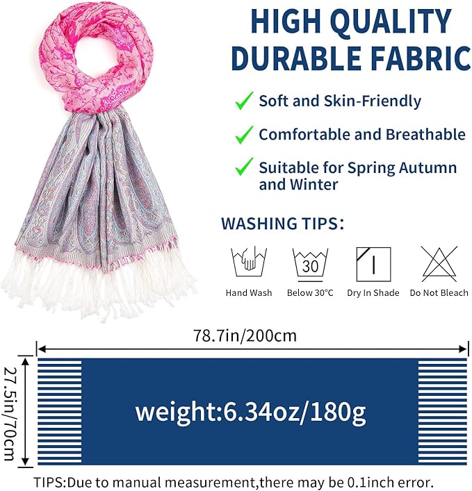 QIUTIMIY Paisley Pashmina Shawl Wrap Women Reversible Vintage Jacquard Pashmina Rave Scarf with Fringe for Evening, Wedding