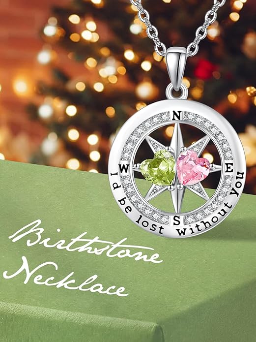 Compass Birthstones Necklace for Women, Exquisite Anniversary Birthday Gifts for Wife Her Double Birthstone Pendant jewelry ‘I'd be Lost Without You’