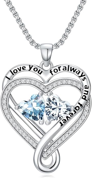 I Love You for Awlays and Forever Double Heart Necklace with Birthstone, 2 Birth Stone Jewelry Anniversary Valentines Mothers Day Christmas Birthday Gifts for Women Her Wife Girlfriend Mom Mother