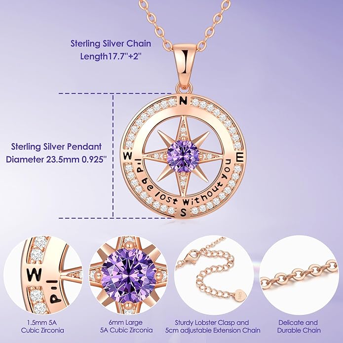 Zifeel Compass Necklace Gifts for Women wife - S925 Sterling Silver Birthstone Necklaces for Women - Anniversary Birthday Gifts for Her Wife Girlfriend - Valentines Mom Mothers Day Christmas Gifts Jewelry for Women