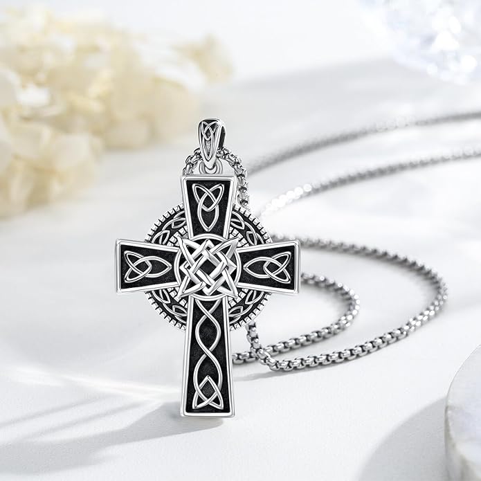 Midir&Etain Celtic Cross Necklace 925 Sterling Silver Cross Pendant Necklace Celtic Viking Irish Jewelry Religious Protective Gift for Men Women