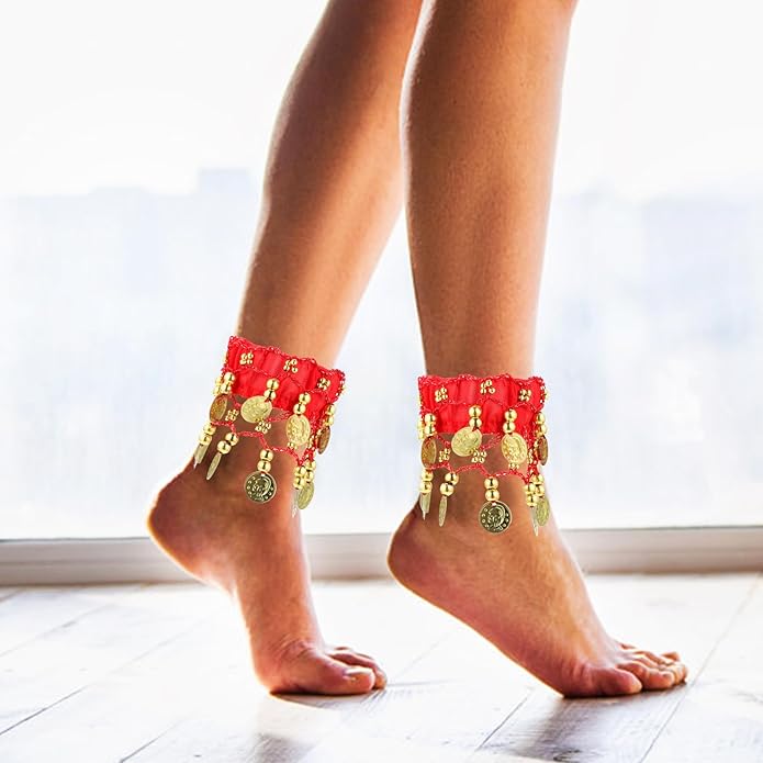 Belly Wrist Arm Bracelet - 2pcs Belly Ankle Bracelets with Coins Jewelry Anklet Chiffon Cuff Wrist Ankle Cuffs Costume Accessories