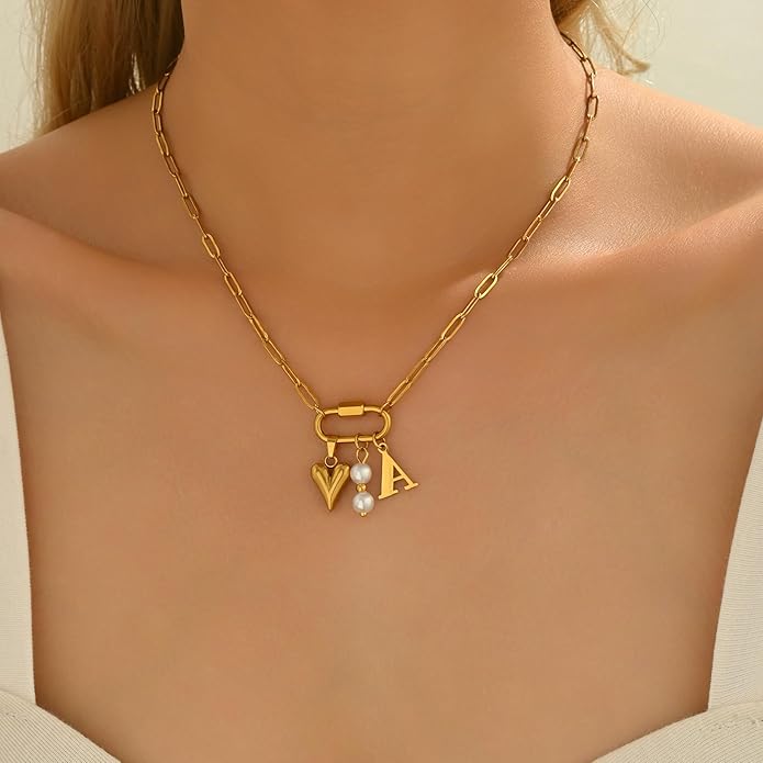 Gold Heart Initial Necklaces for Women 18K Gold Plated Dainty Pearl Letter Necklace Personalized Monogram Name A-Z Pendant Everyday Jewelry for Women